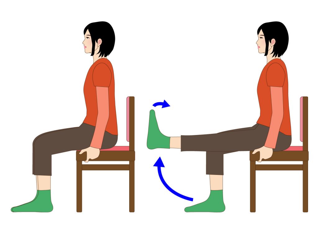 椅子に座りながら足上げの運動を行っている女性のイラスト